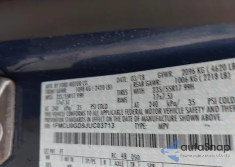 2018 Ford Escape Se из США, поврежденный, VIN 1FMCU0GD9JUC03713